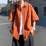 Wiaofellas  -  Summer Stripe Short Sleeve Shirt Men's Ice Silk Loose Trendy Design