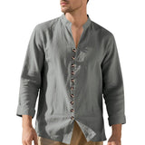 Wiaofellas  -  Spring and Autumn New Style Shirt Long Sleeve Men's Casual Retro Lapel French Henry Collar Single Breasted T-shirt