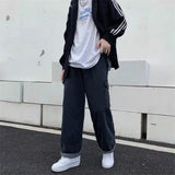 WIAOFELLAS  -  Korean Fashion Spring Autumn Solid Color Elastic Pockets Trousers Wide Leg Cargo Men's Clothing High Waisted High Street Pants
