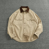 WIAOFELLAS  -  May Khaki vintage overalls coat men's color contrast patchwork lapel all cotton European and American style old jacket loose top