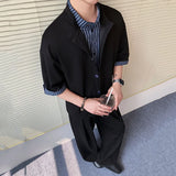 WIAOFELLAS  -  Korean Style Men's Sets Fake Two-piece Stand Collar Pathwork Short Sleeevd Sweatshirts Straight Wide Leg Male Pants