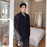 WIAOFELLAS  -  Fashion Men's Lace Plaid Solid Color Casual Loose Shirts Trendy Single-breasted Turn Down Collar Blouses Male Summer