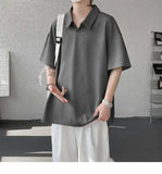 WIAOFELLAS  -  Trendy Summer Men‘s Solid Color Ice Silk Casual T-shirts New Fashion Turn Down Collar Short Sleeve Loose Tops Male