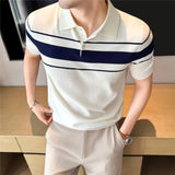 Wiaofellas  -  Ice Silk Cool Striped Knitted Polo Shirt for Men's Summer Collar Short Sleeved T-shirt Versatile Business Casual Social T-shirts
