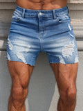 WIAOFELLAS  -  Men's blue denim shorts. The ripped and worn style is popular.