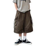 Wiaofellas  -  Summer Japanese Vintage Multi Pocket Cargo Capri Pants For Men Women Maillard Loose Casual Straight Wide Leg Shorts