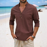 Wiaofellas  -  Men's Japanese Style Casual Linen Shirt Stand Collar Half Placket Long Sleeve Breathable Tops for Spring Autumn Daily Commute