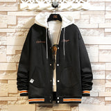 WIAOFELLAS  -  College Style Baseball Jacket Color Clash Hooded Jackets Embroidered Letters Design Men Outwear Loose Fit Sportswear