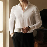 WIAOFELLAS  -  Plus Size Long Sleeve V-Neck Solid Shirts for Men Autumn Spring Slim Fit Business Formal Mens Shirt Fashion Trendy Mens Clothing