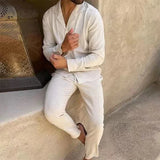 Wiaofellas  -  All Match Men's Tracksuit Fashion Solid Two Piece Slim Suit Autumn New Long Sleeve Button Shirts Top&Drawstring Pants Set