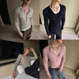 WIAOFELLAS  -  Emerald green deep v-neck perspective long-sleeved T-shirt men's ascetic slim tulle blouse lazy inner Henry collar top