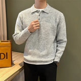 WIAOFELLAS  -  Korean New Men's Polo Neck Sweater Luxury Knitted Long Sleeve Pullover Autumn Casual Solid Color Streetwear Leisure Knitwear Top