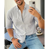 Wiaofellas Spring and summer striped long sleeves fit slim men's lapel shirt hawaiian shirt  arabic shirt  men clothing