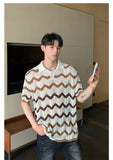 WIAOFELLAS  -  Fashion Men's Hollow Out Contrast Color Striped Casual T-shirt Trendy Loose Short Sleeves Lapel Tops Male Summer