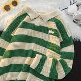 WIAOFELLAS  -  Retro POLO Lapel Striped Sweater Men's College Contrasting Color Loose and Versatile