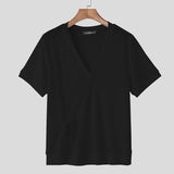 WIAOFELLAS  -  Men T Shirt Solid V Neck Short Sleeve Lace Up Knitted Male Tee Tops Summer Streetwear 2025 Fashion Casual Men Clothing