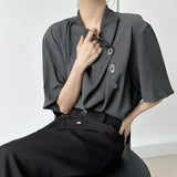Wiaofellas  -  Vintage Men's O Neck T-shirt Summer Thin Short Sleeve Shirt  Button Irregular Design Casual Loose Tops Button Down Shirt