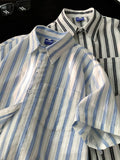 WIAOFELLAS  -  Striped Shirt for Men Cotton Short Sleeves Button Blouses Casual Turn-down Collar Shirt Summer Streetwear Overshirts Tops A130