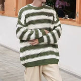 Wiaofellas  -  Men Trend Japanese Style Striped Oversize Streetwear Y2K Knitted Sweater Casual Round Neck Long Sleeve Pullover Tops Ropa Hombre