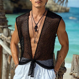 WIAOFELLAS  -  Summer Men Tank Tops Mesh Hollow Out Sleeveless V Neck Lace Up Male Vests 2025 See Through Vacation Cardigan Men S-5XL