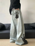 WIAOFELLAS  -  Men's Palm Print Design Wide Leg Unisex Jeans Cool Girl Fashion Bottoms Denim Trousers Male High Waist Regular Pants Baggy Jeans