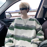 WIAOFELLAS  -  Autumn Korean Striped Sweatshirt Men Spring Trendy Loose Round Neck Tops Korean Version Lazy Style Hoodie Men Outerwear Pullover