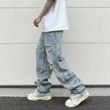 Wiaofellas  -  American Style Ripped Men's High Street Vintage Washed Destroyed Wide Leg Cotton Denim Pants Mid Waist Zipper Fly Long Trousers