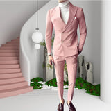 WIAOFELLAS -  Pink Fashion Sunshine Men Suits Double Breasted 2 Pieces (Jacket+Pants) Peaked Collar Slim Fit Set for Wedding Party Tuxedos