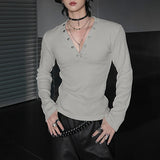 WIAOFELLAS  -  Men T Shirt Solid Color V Neck Long Sleeve Casual Male Tee Tops Streetwear Knitted Fashion Leisure Men Clothing S-3XL