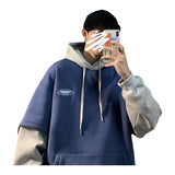 Wiaofellas  -  Loose Men's Hoodie Fake Two-Piece Sweatshirt Lazy Style Hong Kong Style Casual Long Sleeve Printed Polyester Fiber Spring Autumn