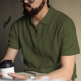 Wiaofellas  -  Summer Men's Knitted Polo Shirt Zipper Loose Short Sleeve Striped Vintage American Style Commute Casual Fashion T-Shirt