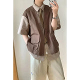 Wiaofellas  -  Men's Japanese Retro Patchwork Fake Two-Piece Vest Shirt Short Sleeve Casual Workwear Jacket