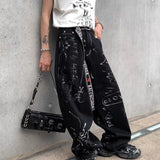 WIAOFELLAS  -  Artificial Hand-painted Lettering Graffiti Black Denim Trousers Men Straight Pants