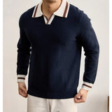 Wiaofellas  -  Men's Classic Contrast Trim Collar Long Sleeve Knit Pullover Polo Shirt Ribbed Knit Fabric Casual Top For Autumn Daily Occasions