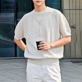 Wiaofellas  -  Men's Knitted Solid Color Short-Sleeved T-Shirt American Fashion Trend Casual Simple Loose Breathable Summer New Men's Tops