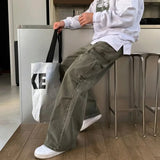 WIAOFELLAS  -  Spring New Fashion Men's Casual Trendy Solid Color Loose Wide Leg Spliced Straight Cargo Denim Trousers Male Jeans Pants Clothes