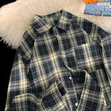 WIAOFELLAS  -  Hong Kong Style Shirt Men's, Plaid Long Sleeve, Retro Loose Fit, Navy Blue