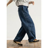 Wiaofellas  -  Large Size Men's Casual Wide Leg Jeans Loose Fit Workwear Trousers Washed Denim Straight Tube Zipper Fastening Non-Elastic