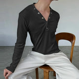 WIAOFELLAS  -  Men T Shirt Solid Color V Neck Long Sleeve Knitted Male Tee Tops Streetwear Fashion Casual Men Clothing Camisetas S-3XL