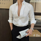 WIAOFELLAS  -  Men Clothing Men's Business Formal Dress Shirt Korean Long Sleeved Solid Color Shirt V-neck British Slim Fit Casual Shirt