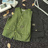 WIAOFELLAS  -  V-neck Men's Tank Tops Single Breasted Solid Color Sleeveless Casual Menswear Loose Pocket Malek Vests Summer