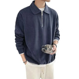 Wiaofellas  -  Men Lapel Half Zip Polo Sweatshirt Long Sleeve Loose Casual Ins Fashion Pullover Tops