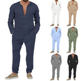 WIAOFELLAS  -  Spring Autumn Mens Suit Fashion Solid Color Casual T-Shirt Long Sleeve Cotton Linen V-Neck Shirt Long Pants Two-Piece Set