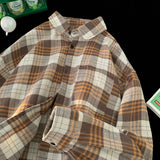 WIAOFELLAS  -  Korean Street Plaid Shirt Coat Men's Long Sleeve Turn Down Collar Casual Shirts Vintage College Style Unisex Fashion Clothing