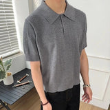 Wiaofellas  -  Summer Men Knitted Polo Shirt Retro Wheat Jacquard Solid Color Short Sleeve T-shirt Korean Casual Light Luxury Textured Knitwear