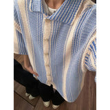 WIAOFELLAS  -  Shirts for Men Summer Americian Retro Style High-end Designed Niche Blue and White Contrast Knitted Hollow Short-sleeved Shirt