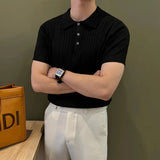 Wiaofellas  -  American Style Knitted Short Sleeve Polo Shirt Men's Slim Fit Casual Versatile Elastic T-Shirt Casual Wear Polyester Fiber