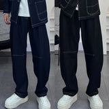 WIAOFELLAS  -  Mens Denim Pants Streetwear Trendy seam Lines Design Casual Wide-leg Jeans Drape Solid Fashion Versatile Summer Baggy Trousers