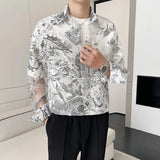 WIAOFELLAS  -  Hollow See-through Elegant Flower Jacquard Men Shirt Sexy Button Down Long Sleeve Mens Floral Shirts Club Loose Pink Blouse Man