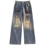 WIAOFELLAS  -  High Street Ripped Printed Jeans for Men Loose Straight Legs for Teenagers Trendy Hip-hop Long Pants